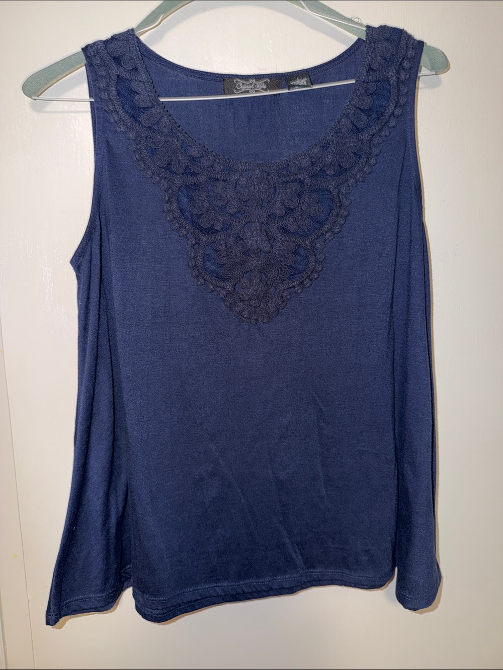 Crystal-Kobe Navy Blue Crochet Trim Sleeveless Blouse
